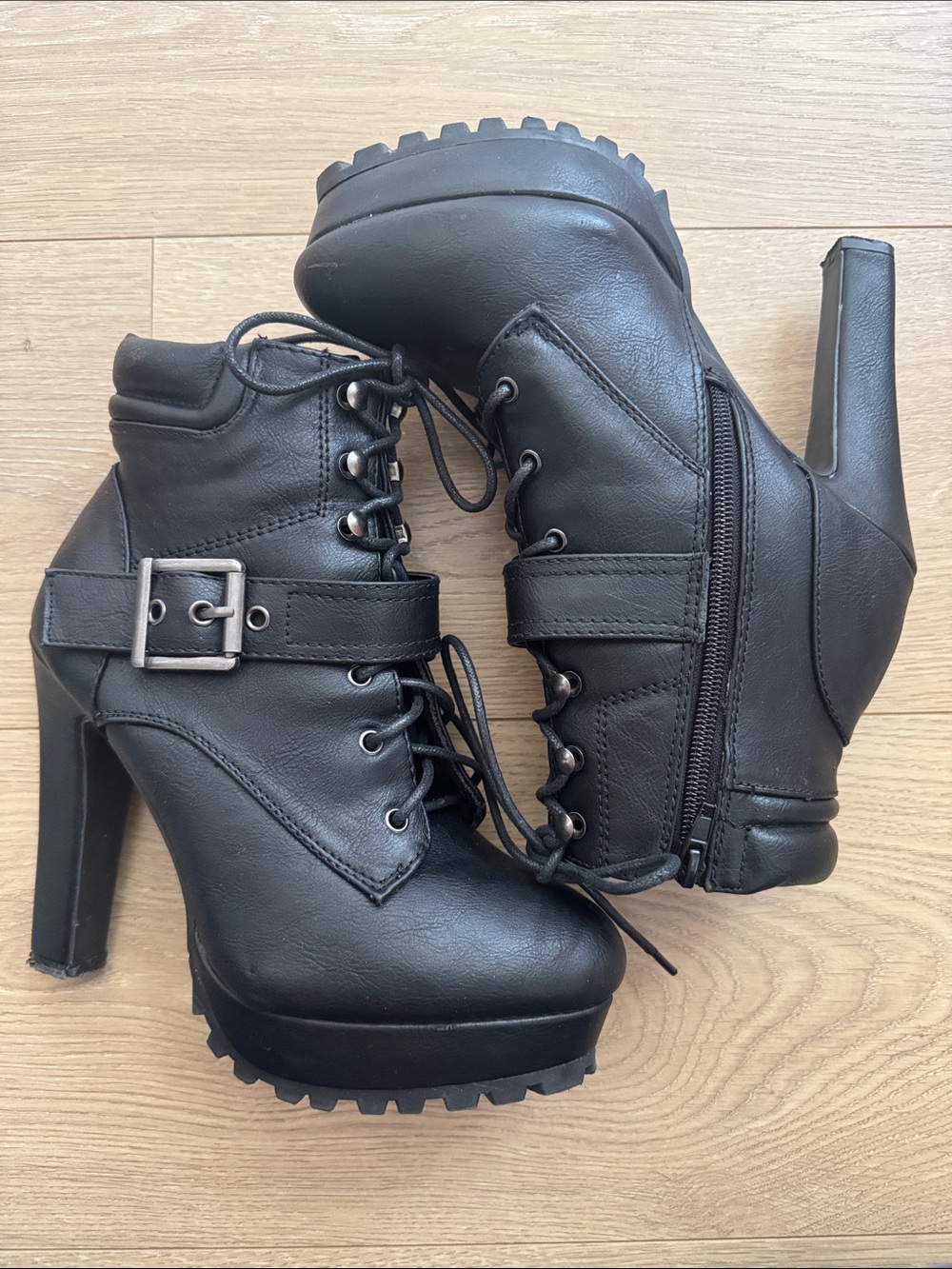 JustFab Black Lace-Up Platform Ankle Boots with Buckle
